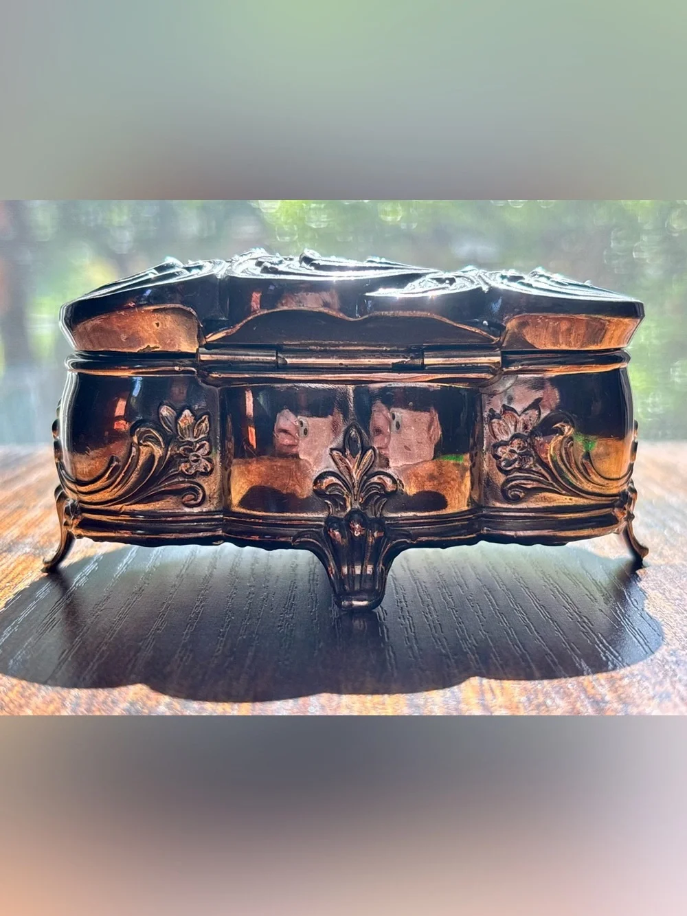 Vintage Double Heart-Shaped Metal Trinket Box with felt lining- Scroll Design